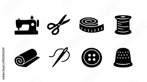 Craft Sewing Set. Filled icon set of Craft Sewing Set: sewing machine, scissors, measuring tape, thread spool,