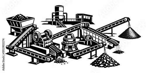 Industrial aggregate processing plant working with crushers and conveyor belts, producing piles of sand and gravel