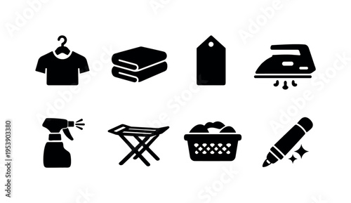 Clothing Care. Filled icon set of Clothing Care: shirt on hanger, folded towel, laundry tag label, steam iron,