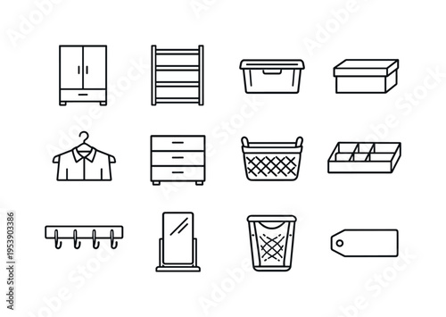 home storage system outline set. Line outline icon set of home storage system outline set: wardrobe, shelving