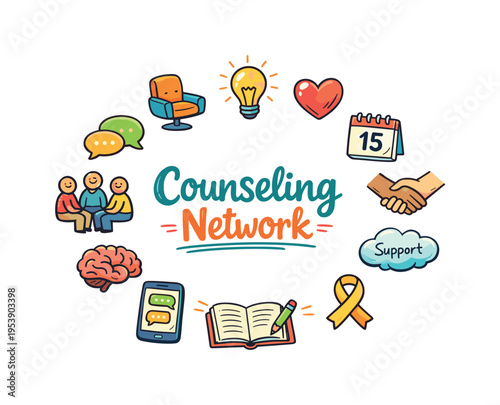 Counseling Network. Hand drawn illustration of Counseling Network. therapist chair, group of people, speech