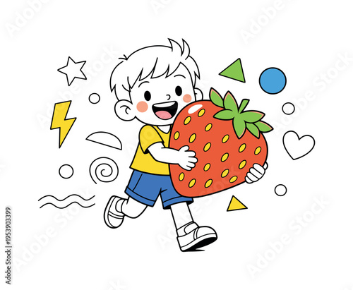 Kids healthy snack moment. A cheerful child holding a large strawberry with a proud smile, playful oversized