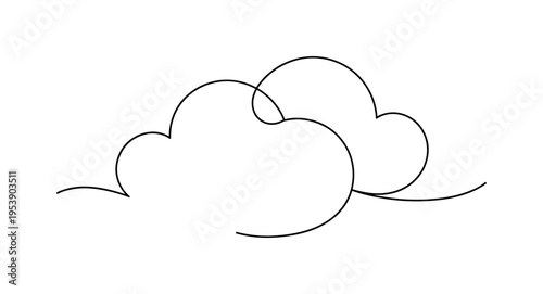 "Drifting Clouds". Minimalistic one-line drawing two overlapping cloud shapes connected in one smooth contour,