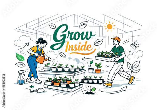 Spring Plant Nursery. A spacious greenhouse interior with potted seedlings arranged in geometric patterns,