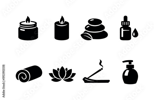 Spa Day Candles. Filled icon set of Spa Day Candles: scented candle jar, candle with flame, stacked spa stones
