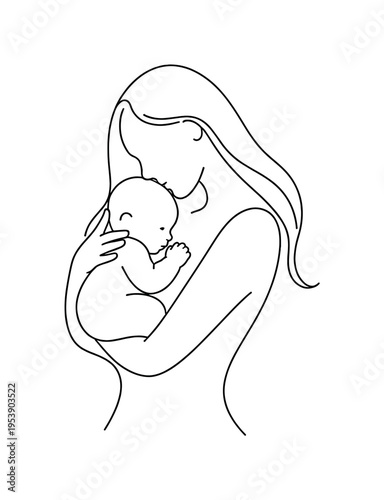 "Mother and Child". Minimalistic one-line drawing mother gently holding small child in her arms with smooth