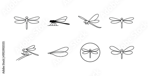 "Dragonfly Wings". Minimalistic set one-line drawing dragonfly top view with extended wings, side view