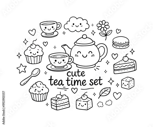 cute tea time set. Hand-drawn doodle illustration of cute tea time set. In the middle, one slightly larger