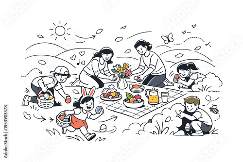 Spring Picnic Easter Fun. Children laughing and searching for hidden eggs around the blanket while adults