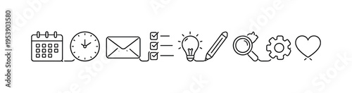 "Bullet Journal Icons". Minimalistic one-line drawing set of tiny productivity symbols such as calendar, clock
