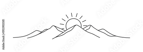 "Sunrise Over Peaks". Minimalistic one-line drawing sharp mountain silhouettes with circular sun emerging