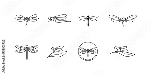 "Dragonfly Flight Icons". Minimalistic set one-line drawing dragonfly hovering, wings in motion outline,