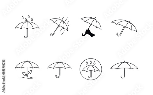 "Spring Rain Set". Minimalistic set one-line drawing open umbrella with drops, umbrella angled in rain, hand