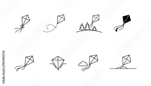 "Flying Kite Icons". Minimalistic set one-line drawing small kite with ribbon tail, kite in motion with dotted