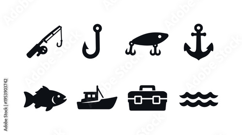 Sea Fishing Icons. Sea Fishing Pattern. Filled icon set of Sea Fishing Pattern: fishing rod, big hook, lure