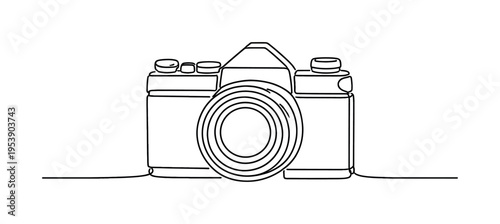 "Vintage Photo Camera". Minimalistic one-line drawing retro camera with prominent round lens and viewfinder