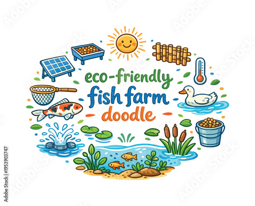 eco-friendly fish farm doodle. Hand drawn illustration of eco-friendly fish farm doodle. fish pond, koi fish,