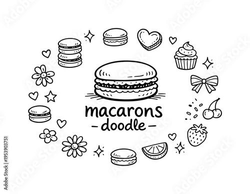 macarons doodle. Hand-drawn doodle illustration of macarons doodle. In the middle, one slightly larger central