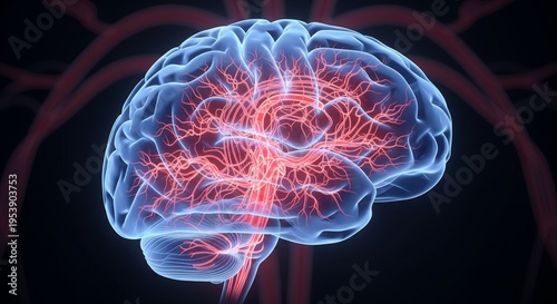Human Brain Anatomy 3D Render with Red Blood Vessels, Medical Science and Neurology Concept, Detailed Internal Structure