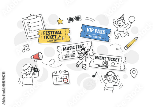 Event planning flat lay. Several festival tickets neatly arranged on a clean surface, minimal icons and bold