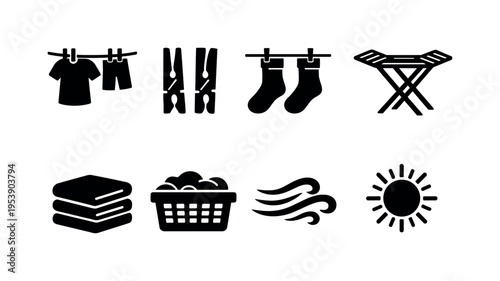 Laundry Drying. Filled icon set of Laundry Drying: clothesline, clothespin, hanging socks, drying rack, folded