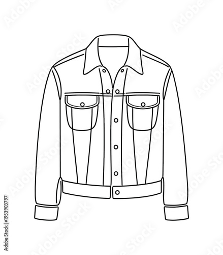 "Casual Jean Jacket". Minimalistic one-line drawing structured jacket with folded collar and chest flap