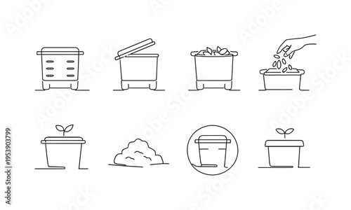 "Garden Compost Icons". Minimalistic set one-line drawing compost bin with airflow vents, compost bin with lid