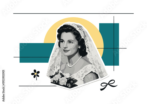 Modern graphic collage of a black and white vintage bride portrait with lace veil, cut-out with white outline,