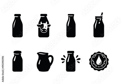 Farm fresh milk contour drawing. Filled icon set of Farm fresh milk contour drawing: old fashioned milk bottle