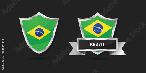  Brazil National Flag Shield Icons with Silver Metallic Ribbon Banner