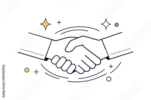 Handshake agreement concept. Two clean geometric hands clasped firmly in the center, subtle curved motion