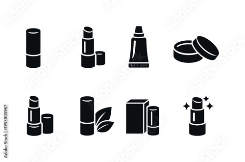 Lip Balm. Filled icon set of Lip Balm: lip balm tube, open lip balm stick, squeeze lip balm tube, round lip