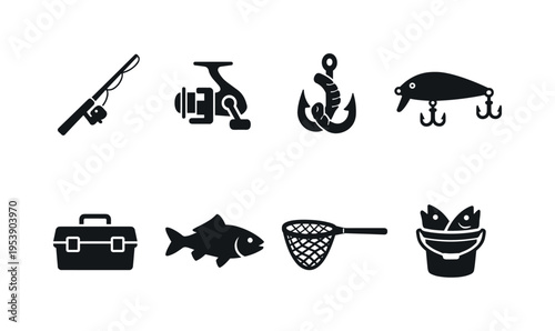 Fishing Gear Icons. Fishing Gear Pattern. Filled icon set of Fishing Gear Pattern: fishing rod, spinning reel,