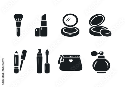 Beauty Tools. Filled icon set of Beauty Tools: makeup brush, lipstick, compact mirror, powder case, eyeliner