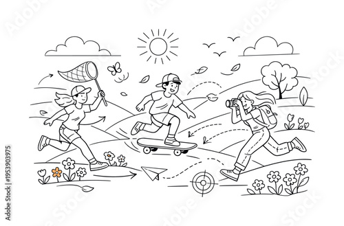 Spring Landscape Hills. Rolling green hills under a bright spring sky, dotted with blooming wildflowers and a