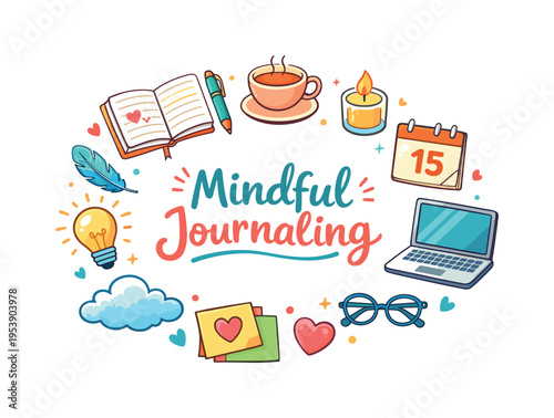 Mindful Journaling. Hand drawn illustration of Mindful Journaling. open notebook, pen, cup of tea, candle,