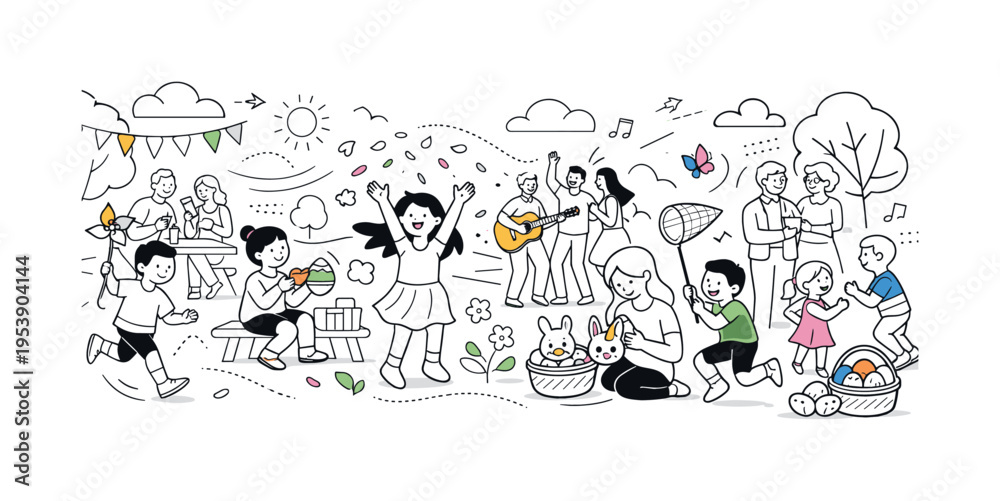 Obraz premium Festive Spring Gathering. A panoramic view of families and friends celebrating outdoors, children playing with