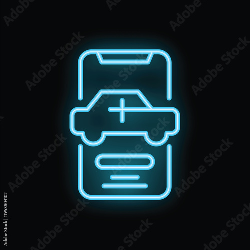 Glowing neon icon representing online taxi booking using a smartphone app for transportation services