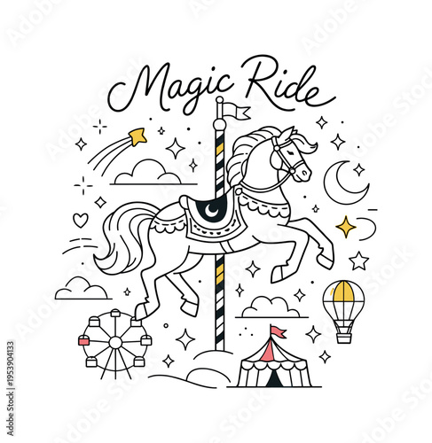 Amusement park magic moment. A graceful carousel horse mid-rise on a decorative pole, tiny sparkles floating
