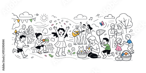 Festive Spring Gathering. A panoramic view of families and friends celebrating outdoors, children playing with