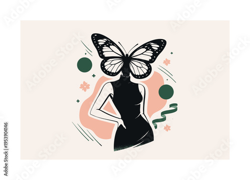 Modern poster-style graphic collage of a single oversized black and white woman silhouette with exaggerated