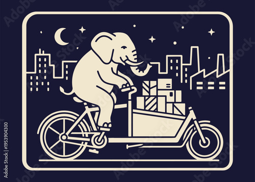 Elephant riding cargo bike through night city delivering packages