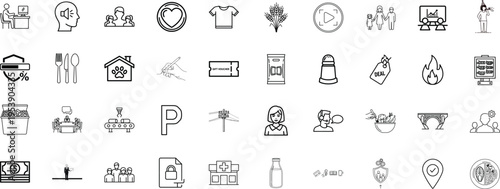 A comprehensive collection of diverse black and white outline icons for business and daily life