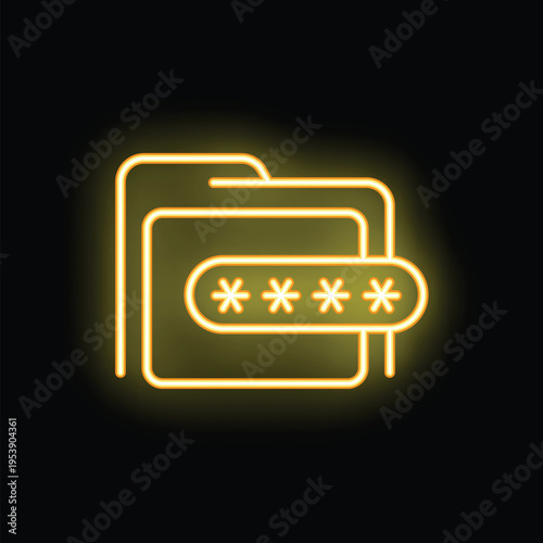 Yellow neon icon of folders being secured with password assuring data protection