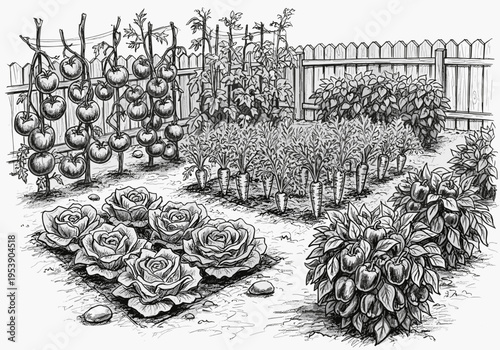 Whimsical hand-drawn garden illustration featuring rows of ripe tomatoes, carrots, peppers, and roses