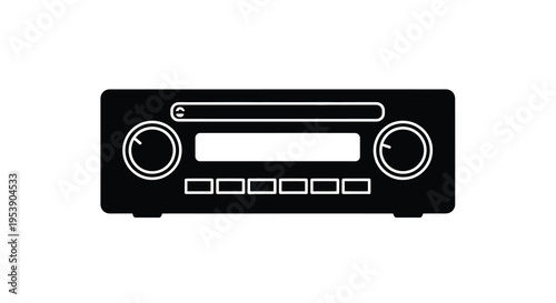 A minimalist black silhouette depicts the front panel of an old fashioned stereo receiver high quality