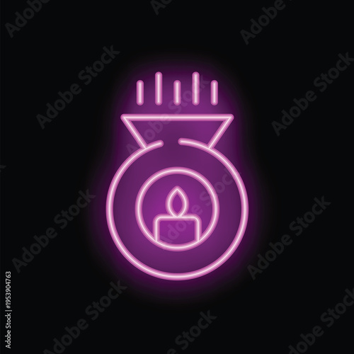 Neon sign of an aroma lamp diffusing essential oils with a burning candle underneath, for aromatherapy and relaxation