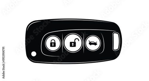 A sleek black car key fob is depicted with lock unlock and trunk buttons