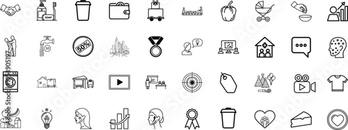 A comprehensive collection of diverse black and white outline icons for business and daily life
