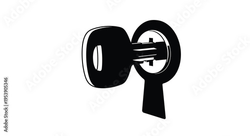 A minimalist black and white illustration depicts a key with a circular opening symbolizing access high quality